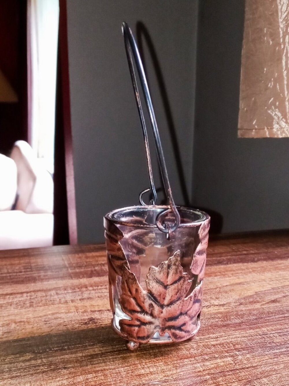 🍁Copper Glass Leaf Votive/Tealight Candle Holder Lantern Decor Hanging Rustic🍁 - Picture 4 of 14